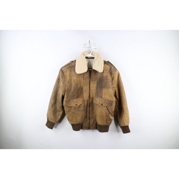 Vintage 90s Streetwear Mens M Distressed Shearling Collar Leather Bomber Jacket